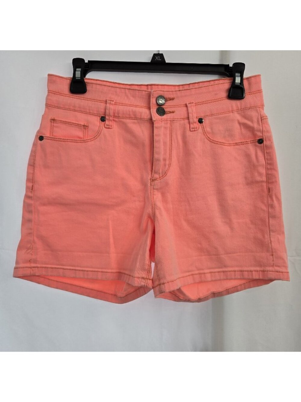 LEI Tatum High Rise Shorts Juniors Size 9 Stretchy Teal Button Neon Coral Pink